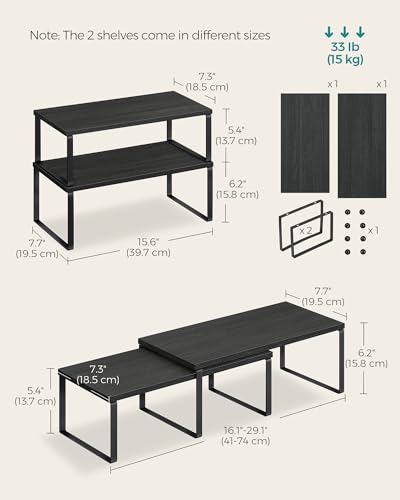 SONGMICS Cabinet Organizer Shelf, Set of 4 Kitchen Counter Shelves, Kitchen Storage, Spice Rack, Stackable, Expandable, Metal and Engineered Wood, Ink Black and Ebony Black UKCS028B01 - color: Ink Black + Ebony Black, size: 15.6"W