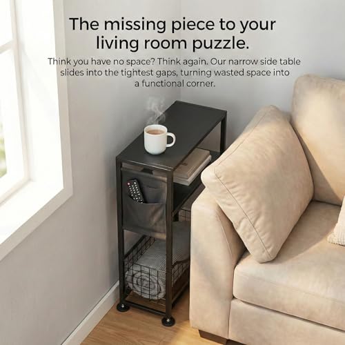 Skinny Side Table with Storage, 3 Tier Slim Side Tables for Small Spaces, Skinny End Table Narrow Bedside Table Narrow Side Table for Living Room, Bedroom - color: Black