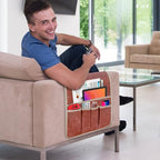 Couch Armrest Remote Control Holder, Couch Caddy Gifts for Seniors Bed Caddy Tv Remote Holder with 5 Pockets for Key Glasses Phone Magazine Holders - color: Brown