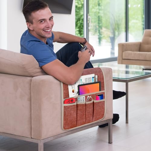 Couch Armrest Remote Control Holder, Couch Caddy Gifts for Seniors Bed Caddy Tv Remote Holder with 5 Pockets for Key Glasses Phone Magazine Holders - color: Brown
