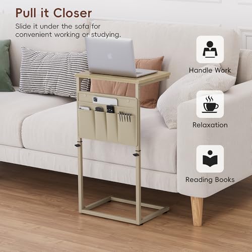 Vagusicc C Shaped End Table, 32'' Tall Side Table for Couch, Adjustable Height Small Couch Side Table for Small Spaces, End Table Slide Under Sofa Table TV Tray Table Arm Table for Living Room - color: Natural