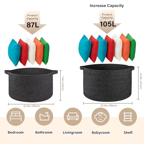 OIASKET Large Woven Baskets for Storage, 23.6" x 23.6" x 14.6" Blanket Storage Living Room, Baby Toy Basket for Clothes, Pillows, Towels, Shoe Basket for Entryway (Black) - color: Black, size: 105L
