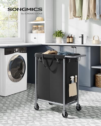 SONGMICS Laundry Basket with Wheels, 2-Section Rolling Laundry Hamper, 37 Gallons (140 L), Removable Liner, Steel Frame with Handle, 27.2 x 15.4 x 31.9 Inches, Ink Black URLS004B01 - color: Ink Black, size: 140 L (2-Section), style: Rectangular with handl