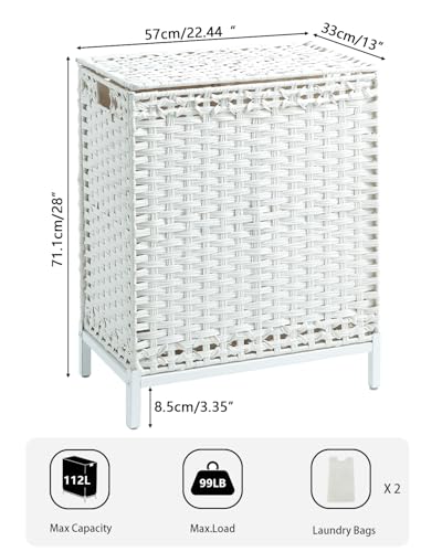 SETVSON Laundry Hamper with Lid,112 L Handwoven Rattan Wicker Laundry Basket, 2 Removable Liner Bags Metal Heightened Feet,6 Mesh Bags,2 Section Large Clothes Hamper for Bathroom Bedroom, Cloud White - color: Cloud White, size: 112 L - 29.6 gal