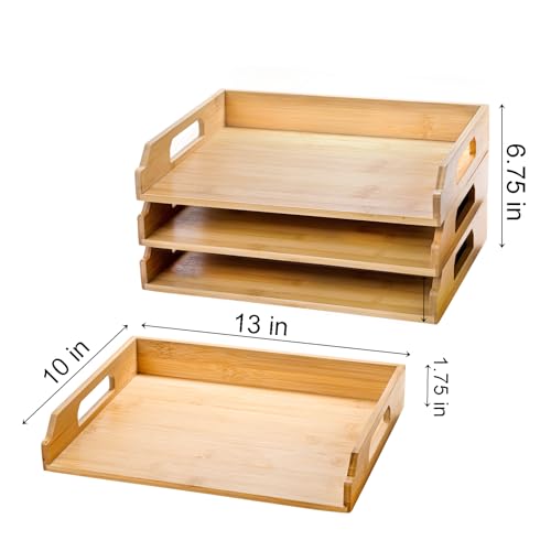 Okllen 3 Pack Stackable Paper Trays, Bamboo Desk Letter Tray Set, 3 Tier File Document Organizer Tray for A4 Paper, Magazine, Receipts, Office Supplies