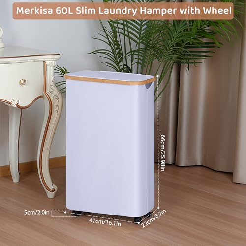 Slim Laundry Basket with Wheels,Narrow Hampers for Laundry,Freestanding Laundry Hamper with Lid&Bamboo Handles,Collapsible & Waterproof Tall Cloth Hamper for Dorm Family(60L White) - color: White, size: 60L with Wheels