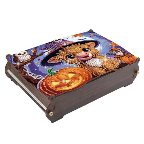 antor DIY Diamond Painting Wooden Storage Box, Halloween Cow and Pumpkin Special Shaped Rhinestone Art Flip Cover Organizer, Handmade Desktop Diamond Art Storage Box Decor - color: Halloween