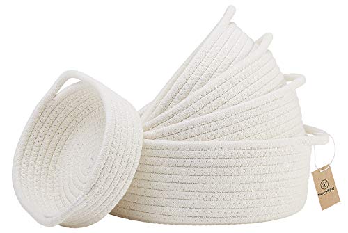 NaturalCozy 5-Piece Round Small Woven Baskets Set– Cotton Rope Baskets for Organizing! Montessori Toys, Fruits Remotes Key Tray Bowl for Entryway Desk, Shallow Catchall Home Décor, Cat Dog Bin Gift - color: Off White