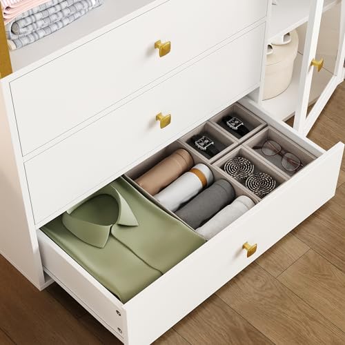 BOTLOG 2pcs Closet Organizer System, Wardrobe Closet with 3 Wooden Drawers, Clothes Rack with Hanging Rods and 4 Tiers Shelves, Garment Rack with Metal Frame, White and Gold