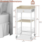 4-Tier Small Side Table with Storage Drawer, Tall Nightstand with Wheels & Basket, Rolling Bathroom Table for Small Spaces, Bedroom, Living Room, Dorm, White and Natural - color: White With Natural