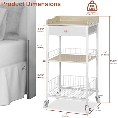 4-Tier Small Side Table with Storage Drawer, Tall Nightstand with Wheels & Basket, Rolling Bathroom Table for Small Spaces, Bedroom, Living Room, Dorm, White and Natural - color: White With Natural
