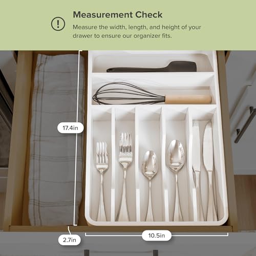 KitchenEdge Silverware Organizer - Cutlery, Flatware, and Utensil Holder for Kitchen Drawers, Fixed 10.5” Width, 7 Storage Compartments, Non-Slip Feet, Rounded Corners, 100% Bamboo, White Finish - color: White Bamboo
