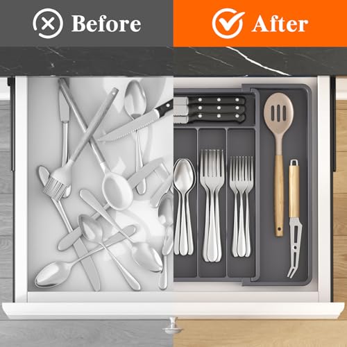 Lifewit Silverware Drawer Organizer, Expandable Utensil Tray for Kitchen, BPA Free Flatware and Cutlery Holder, Adjustable Plastic Storage for Spoons Forks Knives, 10.9"-17.5" x 13.7", Dark Grey - color: Dark Gray, size: Large (11-18''W x 14''D)