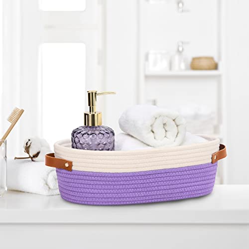 Bathroom Countertop Organizer Basket, Cotton Rope Woven Storage Basket Toilet Paper Decorative Basket for Bathroom, Bedroom, Living Room, Entryway 13"x6.3"x4.3" (Off White/Purple) - color: Off White & Purple