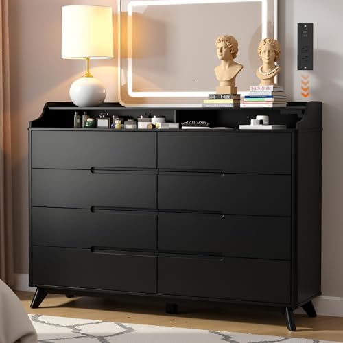 Dresser for Bedroom with 8 Drawers, 55" Large Dresser & Chest of Drawers with Charging Station, Wood Closet Clothes Storage Tall Dressers Organizer for Bedroom Living Room Hallway (Black) - color: Black, size: 16"D x 55"W x 46"H (8 Drawers)