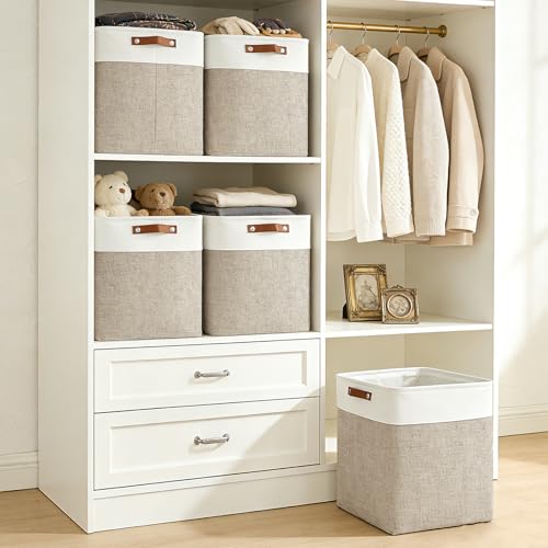 Bagnizer Large Fabric Storage Baskets | 50L Storage Bins, Decorative Linen Closet Baskets with Handles for Organizing, Shelf, Toys, Clothes, Home, Office, Nursery, 17x12x15Inches (Beige&White) - color: Beige / Off-White, size: Extra Large -17"x12"x15"