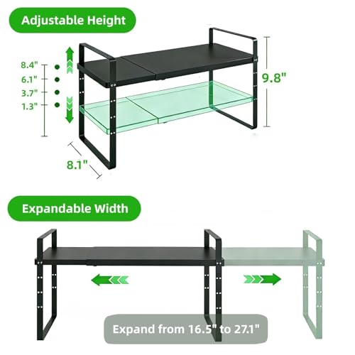 Expandable Cabinet Storage Shelf Stackable Organizer Rack for Kitchen Bathroom Pantry Spice Cupboard Countertop Home Office Desk Heavy Duty Nonslip Black Small 2 PACK - color: Smooth Black, size: Small - 8.1"D - 2 Pack