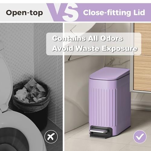 TrashAid Slim Bathroom Trash Can with Lid Soft Close, 6 Liter/1.6 Gallon Stainless Steel Small Garbage Can with Removable Inner Bucket, Step Pedal, Slim Wastebasket for Toilet, Office, Bedroom, Purple - color: Purple