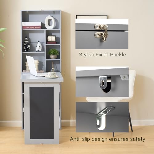 Folding Desk with Storage,Foldable Convertible Writing table with Blackboard and Shelves,Wall Mount Fold Out Table Cabinet , Space-Saving Murphy Desk for Multi-Function Home Office Workstation (Grey) - color: Grey