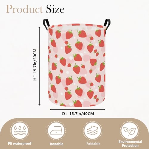 Collapsible Fabric Storage Basket, Waterproof Laundry Hamper with Handles, Round Storage Bin for Clothes Toys, Foldable Organizer for Bedroom Nursery Bathroom(Round-Pink Strawberry) - color: Round-Pink Strawberry