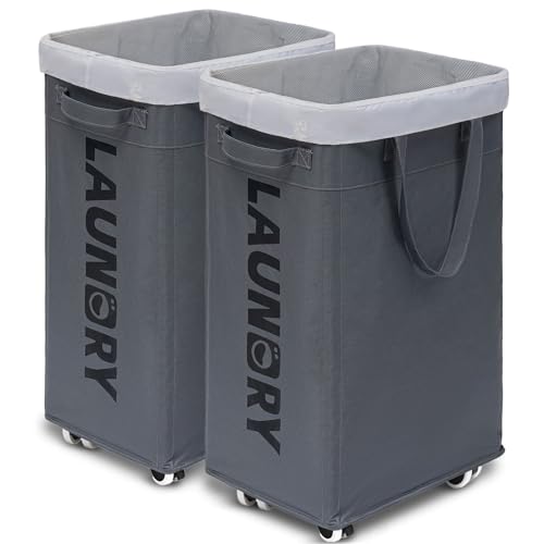Goodpick Hamper with Wheels, 2-Pack 75L Foldable Laundry Baskets with Removable Wash Bags, Dirty Laundry Basket for Corner Dorm,Grey - color: Grey 2-Pack
