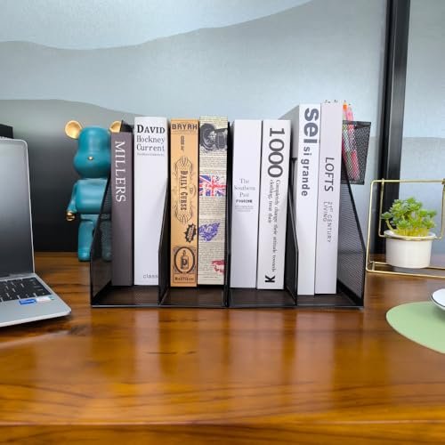 2 Set Desk Organizers, Metal Desk Magazine File Holder and 1 Pen Holder, 2 Compartments Mesh File Holder, Mesh Desktop Organizer and Storage,Black - color: 2 File Holder With Compartments Black