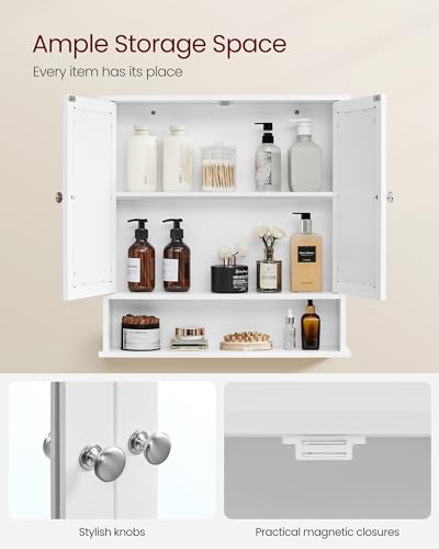 VASAGLE Bathroom Cabinet with Mirror, Wall Cabinet with 2 Mirrored Doors, Adjustable Shelf, Open Compartment, Wall-Mounted, 5.1 x 22.2 x 23 Inches, White ULHC002 - color: White, size: 5.1"D x 22.2"W x 23"H