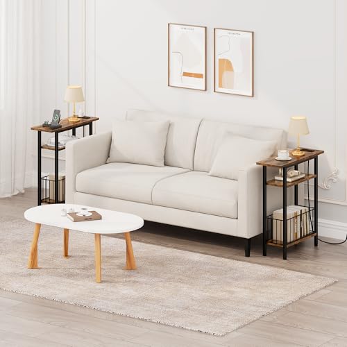 Vagusicc Narrow Side Table with Charging Station, 3-Tier Skinny Side End Table for Couch Sofa, Small End Side Tables for Small Spaces, 25.2" Tall Slim Nightstand for Living Room, Bedroom, Rustic Brown - color: Rustic Brown, style: With Plug
