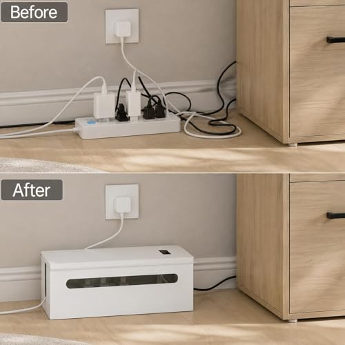 0.6mm Metal Cable Management Box - Large Cable Organizer Box and Power Strip Box for Electrical Cord Hiding, Home Office Floor Cables Hider, TV Wires Storage Organization - color: White