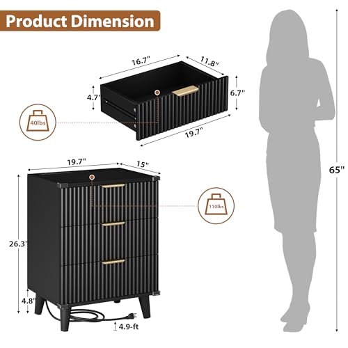 Lulive Wood Nightstand Set of 2 with Charging Station, 3 Drawers Fluted Design, Modern End Table for Bedroom Black - color: Black, size: 3 Drawers-Set of 2 Nightstand