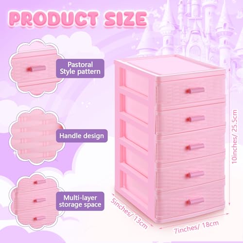 Threehoney Pink Plastic Storage Drawers Desktop Storage Box Mini Drawer Organizer Necklace Jewelry Storage Case Cute Plastic Dresser for Girls Bathroom, Dorm, Desk, Home, 5 Layers