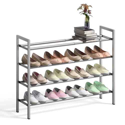 Bumusty 4-Tier Expandable Shoe Rack for Closet, 18“-33” Adjustable Shoe Rack for Small Space, Small Shoe Organizer for Front Door, Sturdy Metal, Light Grey - color: Light Grey, size: 4-Tier