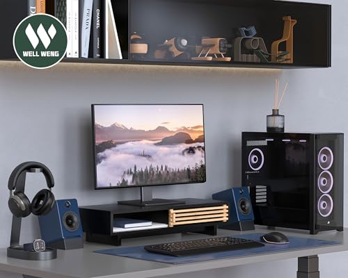 Monitor Stand with Sliding Bamboo Doors, 25 Inch Heavy Duty Wood Computer Monitor Riser, Ergonomic Desk Organizer with Storage & Keyboard Tray, Natural & Black - color: Black + Natural Bamboo, size: 25 Inch