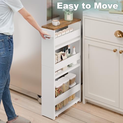 MARTY Rolling Storage Cart 4-Tier White Kitchen Cart with Wheels,Slim Storage Cart with Handle Slide Out Utility Cart Shelving Unit Organizer Trolley for Laundry Narrow Places Bathroom Small Corner - color: White, size: 5.51"D x 15.75"W x 31.5"H