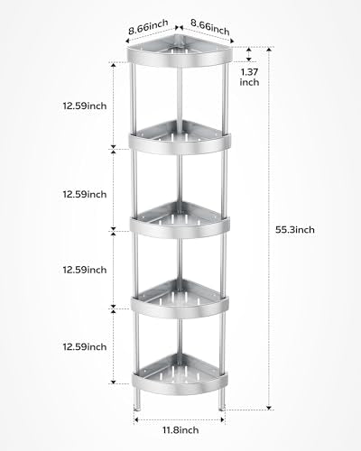 Nieifi Corner Shower Caddy Stand-5 Tier Rustproof Anodized Aluminum Standing Shower Organizer-Shower Caddy Corner-Dual Stability to Anti-Shaking-Height-Adjustable Legs for Uneven Surfaces-Silver - color: Silver, size: 5-Tier