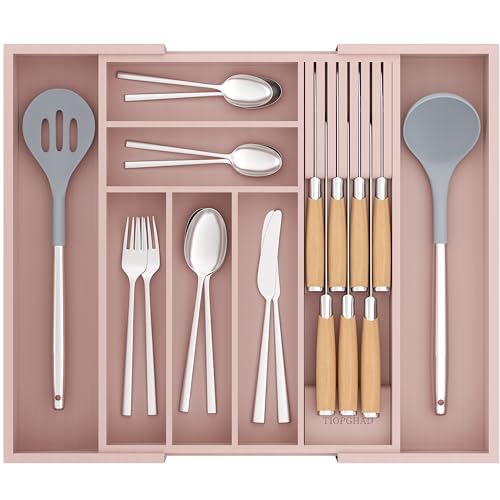 TIOPGHAD Bamboo-Silverware-Drawer-Organizer-Kitchen, Expandable Utensil Holder Cutlery Tray Flatware Organization Adjustable Wood Tableware Dividers Storage (with Removable Knife Block)(Grey Pink) - color: Grey Pink, size: Large