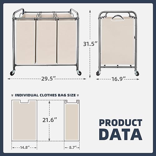 STO STO Laundry Sorter 3 Section, 3 Bag Clothes Hamper, Rolling Laundry Cart Basket with Heavy Duty Lockable Wheels and Removable Bag for Laundry Room, Bedroom, Closet, Beige - color: Beige, size: 3-Section