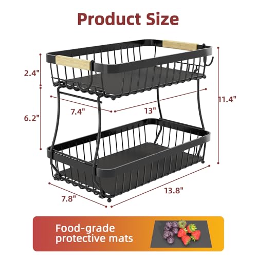 Sevenblue 2 Tier Large Fruit Basket for Kitchen Counter with 2 Mobile Banana Hangers, 2026 Pro Detachable Metal Fruit Bowl with Wooden Handle, Fruit Holder for Bread Snack Veggies with Protective Mats - color: Black, size: 2 Tier