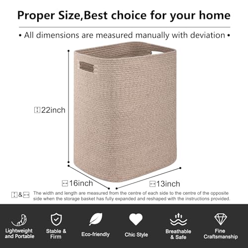 OIAHOMY Laundry Hamper, Rectangle Cotton Laundry Basket with Handles, Large Blanket Basket for Living room, Woven Decorative Storage for Toys,Clothes,Pillows-16x13x22in-Brown variegated - color: Brown variegated