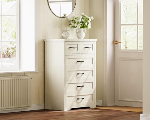 AODK Farmhouse Tall 6 Drawer Dresser for Bedroom, 5-Tier Vertical Storage Chest with Mixed Drawers, Engineered Wood Frame with Anti-Tip Safety, American Country Furniture, Vintage White - color: Vintage White, size: 15.7"D x 26"W x 38.2"H (6 Drawers)