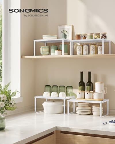 SONGMICS Spice Racks, Set of 2 Metal Cabinet Shelf Organizers, Countertop Organizers, Shelf Risers, Stackable, Expandable, White UKCS01WT - color: White, size: 9"D x 12.6"W x 6.1"H + 8.6"D x 12.6"W x 5.4"H