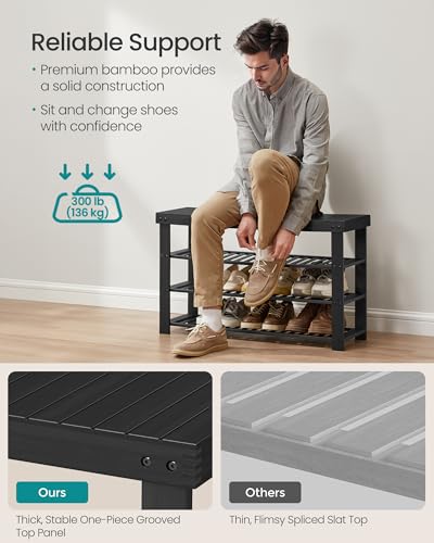 SONGMICS Shoe Rack Bench, 4 Tier Bamboo Shoe Storage Organizer, Entryway Bench, for Living Room, Bathroom, Bedroom, 11.3 x 35.2 x 20.5 Inches, Ink Black ULBS390BH01 - color: Ink Black, size: 11.3"D x 35.2"W x 20.5"H