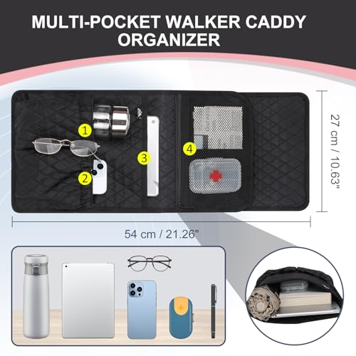 supregear Walker Bag, Universal Seniors Caddy Organizer with Multiple Pockets, Lightweight Accessories for Elderly, Rollators, Wheelchairs and Bedside Rails, Easy to Use Storage Pouch, Black - color: Black