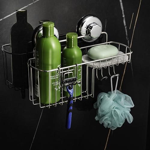 HASKO Suction Cup Shower Caddy Basket for Shampoo, Shower Suction Shelf Organizer, Basket with Soap Holder and Hooks, Stainless Steel Shampoo Holder for Bathroom Storage, Chrome - color: Chrome