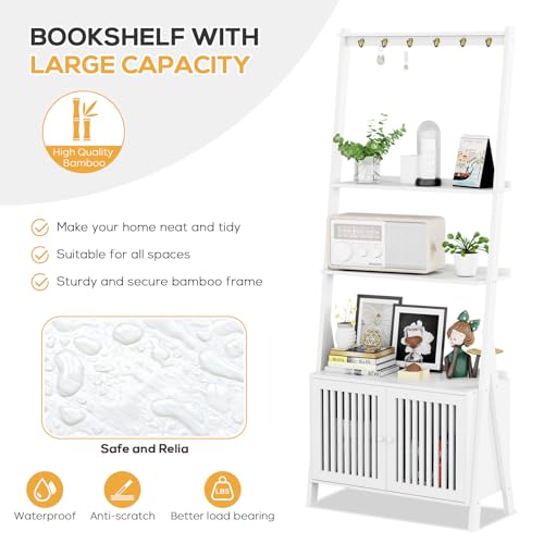 Bookcase with Drawers, 4-Tier Bamboo Bookshelf Ladder Shelf with 6 Hooks, 59.5"H x 24.8"L x 10.6"W, Tall Narrow Freestanding Standing Storage Organizer for Living Room, Office, Bedroom, White - color: 4-tier White