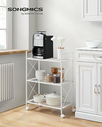 SONGMICS 3-Tier Metal Storage Rack with Wheels, Mesh Shelving Unit with X Side Frames, 23.6-Inch Width, for Entryway, Kitchen, Living Room, Bathroom, Industrial Style, White UBSC163W01 - color: White, size: 23.6"W