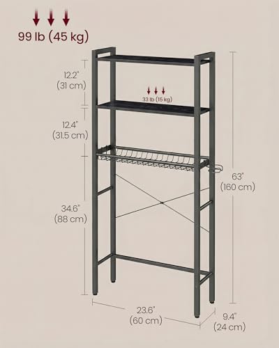 VASAGLE Over the Toilet Storage, Over Toilet Bathroom Organizer with Adjustable Shelves and Basket, 3 Hooks, Space Saving, 9.4 x 23.6 x 63 Inches, Ebony Black UBTS113BE01S - color: Ebony Black, style: 3 Tiers (63" H)