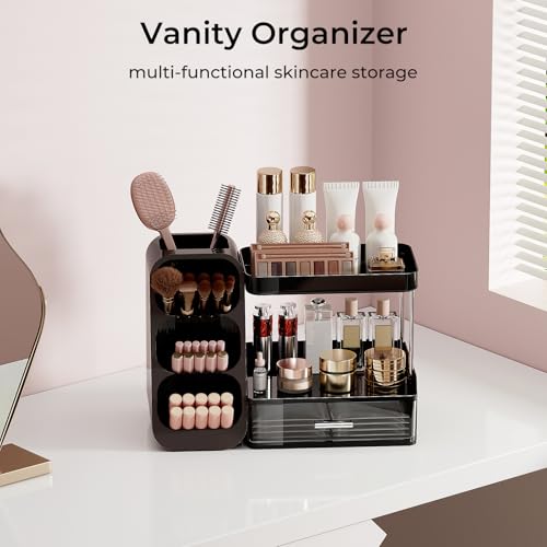 Makeup Organizer for Vanity with Brush Holder, 2 Tiers Countertop Skincare, Cologne Organizer and Perfume Stand for Men Bathroom Vanity, Large Capacity Makeup Storage, Black - color: Black+Clear, size: Large