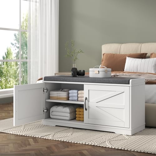 Loomie Shoe Storage Bench, 2-Tier Farmhouse Entryway Bench with Padded Seat Cushion, 13.78" D x 39.37" W x 19.69" H, Slim Shoe Cabinet Bench for Entryway, Living Room, Bedroom (White) - color: White