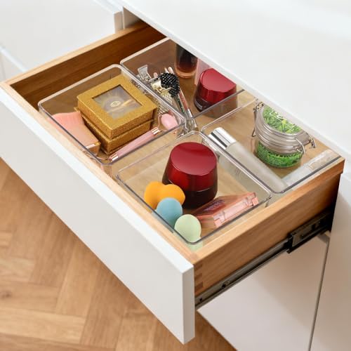 Ohlove 6 Pcs Large Clear Plastic Drawer Organizers Tray 6" x 6" Storage Bins with 25 Pcs Non-Slip Pads for Makeup, Jewelries, Kitchen Utensils, Bathroom and Office - size: 6"x6"